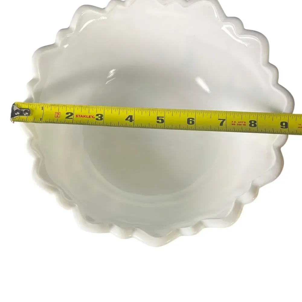Vintage White Milk Glass Footed Bowl Scalloped Leaf Floral Embossed Cottagecore